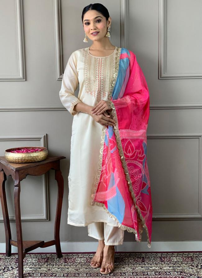 Viscose Chanderi White Festival Wear Embroidery Work Readymade Straight Suit